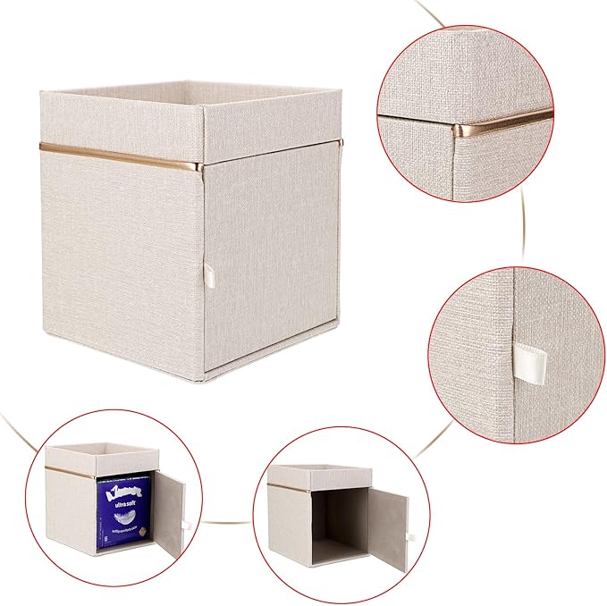 Sumnacon Linen Square Tissue Box Cover - Decorative Cube Tissue Box Holder with Tray, Stylish Tissue Box for Bathroom Toilet Tank Vanity Dresser Table Office Bar Restaurant, Beige