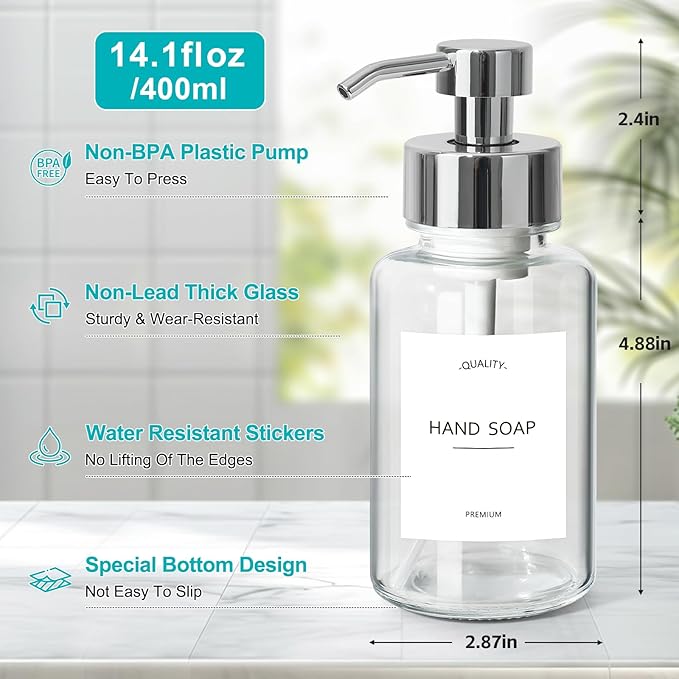 Foaming Soap Dispenser, 14.1 oz/400ml Foaming Hand Soap Dispenser, 2 Pack Glass Foaming Dispenser for Bathroom & Kitchen, Clear Refillable Liquid Dispenser Bottle with Waterproof Labels