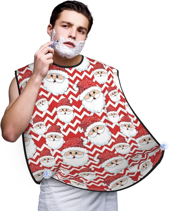 Adjustable Beard Bib, Non-Stick Hair Catcher Cape for Men's Shaving, Waterproof with 2 Suction Cups, Merry Christmas Santa Claus Shave Bib
