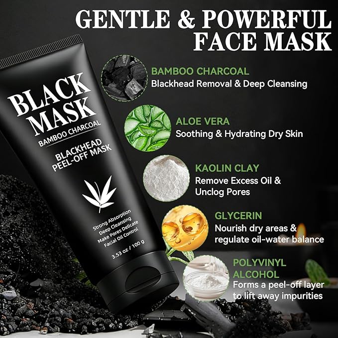 Blackhead Remover Mask, Charcoal Peel Off Face Mask 3.53oz, Black Head Remover for Face &Nose, With Brush, Extractor Tool, Deep Pore Cleansing Dirt, Excess Oil and Blackheads for Men & Women