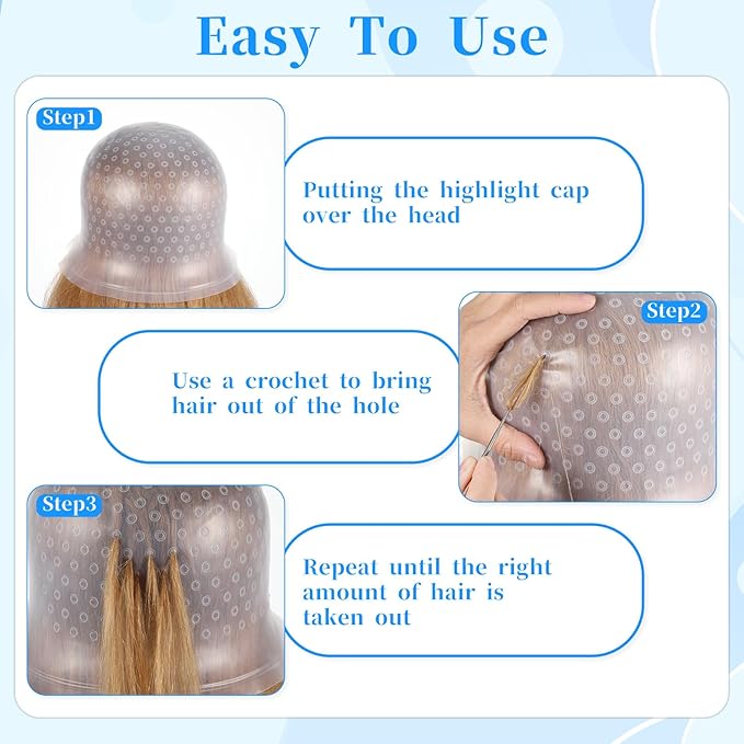 SHENLIU Punched Silicone Highlight Hair Cap with Needle Brushes Set,Reusable Highlighting Poked Hole Hooks for Salon Color Hairdressing Dyeing Staining Tools for Women Men(White)