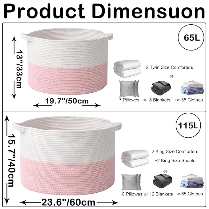 115L Large Blanket Basket,23.6" L x 23.6" W x 15.7" H Rope Woven Baskets with Handles, Toys Storage Bins,Laundry Basket Perfect for Living Room, Nursery,Bedroom,Home Organization,White&Pink