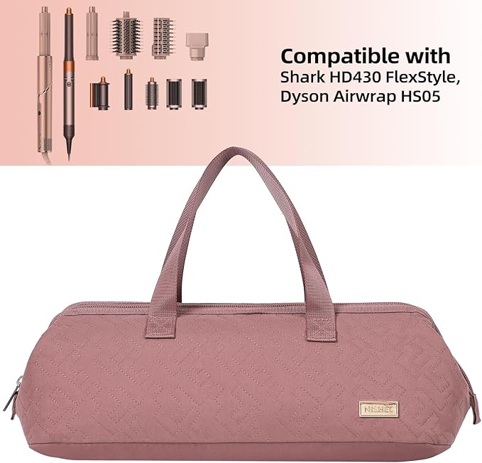 NISHEL Hair Tools Travel Carrying Bag, Portable Hair Air Wrap Dryer Case, Hair Dryer/Curling Iron/Airstraight Attachment Organizer, Rosewood-Pink
