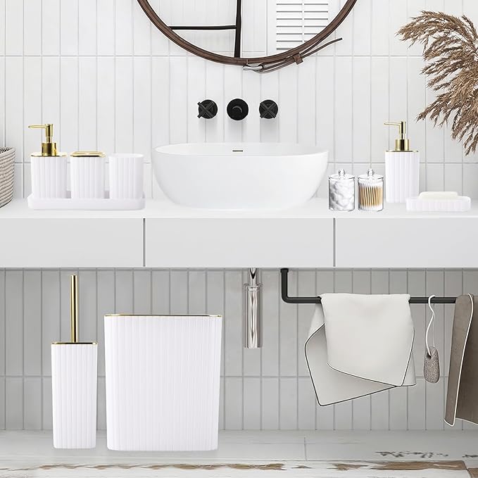 Bathroom Accessories Set - Gorgeous Bathroom Set, 10PC White Bathroom Accessory Set, Toilet Brush, Trash Can, Qtip Holder Dispenser & Soap Dispenser