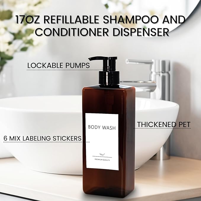 Shampoo and Conditioner Dispenser Set, 3Pack Refillable Shampoo and Conditioner Bottles with Labels, 500ml Soap Dispenser 16.9oz Shower Dispenser Square Pump Bottle for Bathroom and Kitchen - Amber