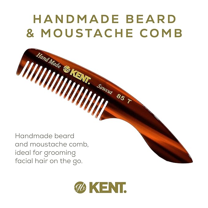 KENT 85T Small Wide Tooth Beard and Mustache Pocket Comb, Coarse Toothed Travel Size for Facial Hair Grooming and Beard Care. Saw-cut of Quality Cellulose Acetate, Hand Polished. Hand-Made in England