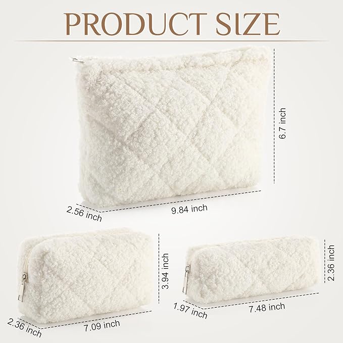Paterr 3 Pcs Quilted Makeup Bag Set Small Bridesmaid Cosmetic Bag Aesthetic Travel Toiletry Pouch Cute Purse Pencil Case Makeup Storage Organizer for Women Birthday Gifts(Fuzzy,Cream White)