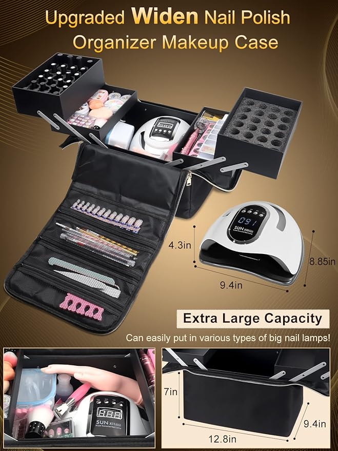 Deciniee Large Makeup Travel Train Case, Upgraded Plus Size Nail Supply Organizers and Storage for Nail Tech, Black 4 Tier Cosmetic Train Case Makeup Box, Nail Polish Makeup Organizer and Storage Bag
