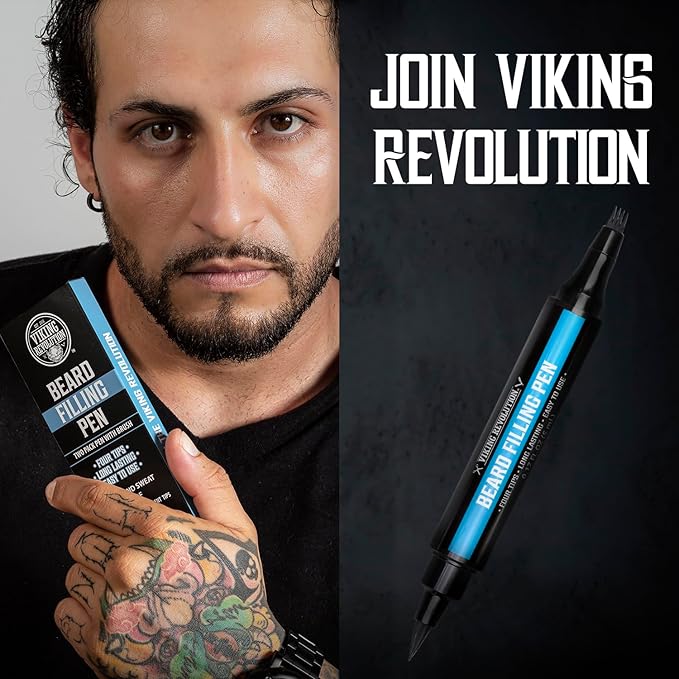 Viking Revolution Beard Pen (2 Pack) - Black Beard Pencil Filler for Men Lapiz para Barba de Hombre - Beard Filler for Men Waterproof Beard Filling Pen Kit - Long Lasting Beard Filler Pen with Brush