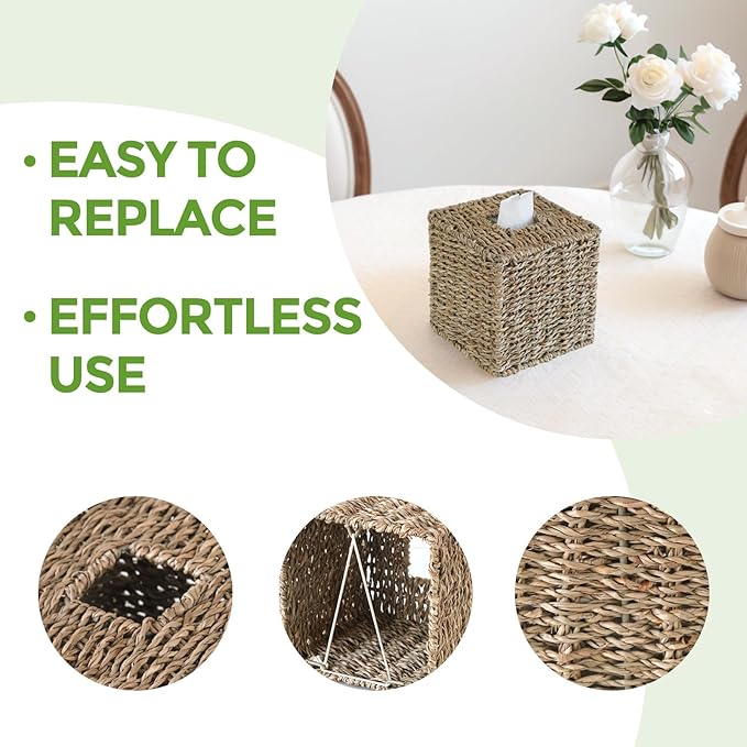 Seagrass Tissue Box Cover, Wicker Tissue Box Holder Square, Hand Woven Cube Tissue Box Cover Tissue Holder for Bathroom Living Room Kitchen Office, Natural