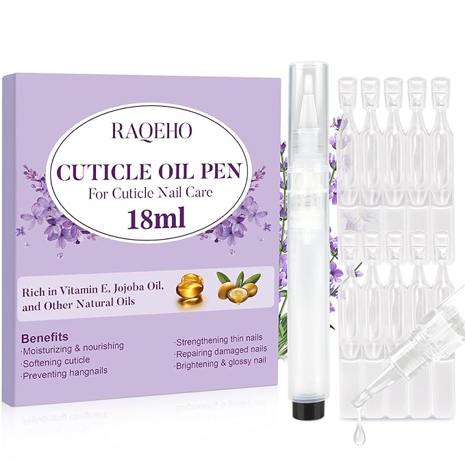 Refillable Cuticle Oil Pen - 1 Empty Nail Oil Pen with 10 x 1.8ml Queeze Cuticle Oil Stick with Vitamin E Jojoba Oil Softener Moisturizer Growth Strength Repair for Thin Damaged Nails（Lavender）