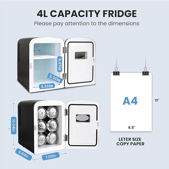 Simple Deluxe Mini Fridge with Observation Window, 4 Liter/6 Can Portable Cooler & Warmer Freon-Free Small Refrigerator, Compact for Skincare, Beverage, Food, Cosmetics, Black New