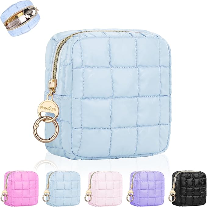 4.9" Puffy Small Makeup Bag, Cute Quilted Cosmetic Bag for Purse, Mini Travel Toiletry Organize Pouches for Women, Birthday/Wedding/Christmas Gifts (Blue)
