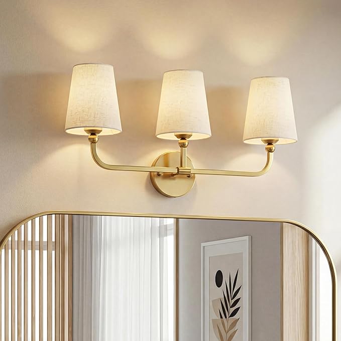 3-Light Bathroom Light Fixtures, Brushed Gold Vanity Lights with Linen Fabric Shade, Modern Sconces Wall Lighting for Hallway Bedroom, Upward Lighting, VL837-BG-A-3