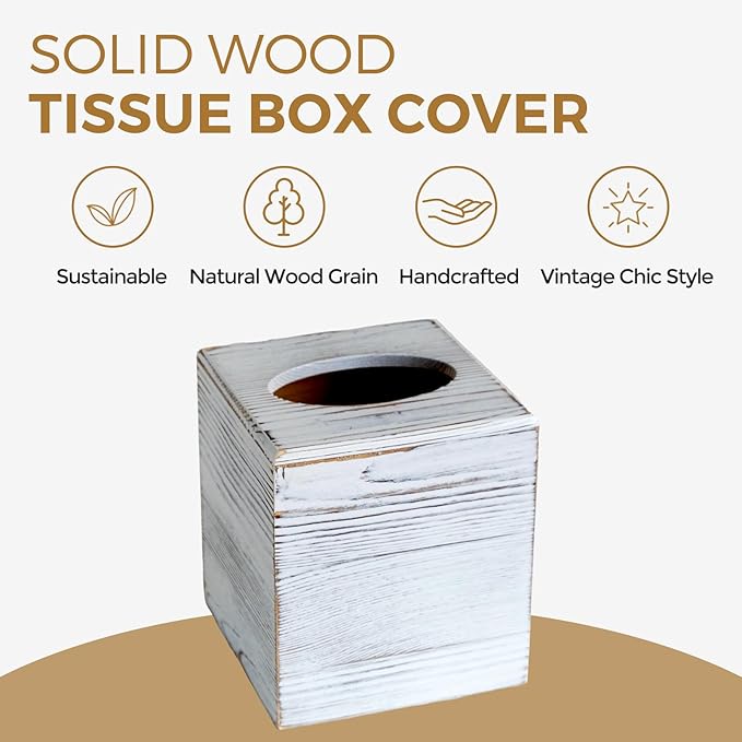 Wood Tissue Box Cover Square, Rustic White Tissue Box Cover, Decorative Cube Facial Wooden Tissue Box Holder with Slide-Out Bottom for Bathroom, Bedroom, Dinner Table, Office, Kitchen