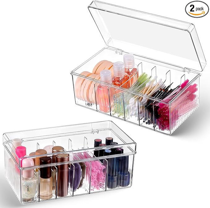 2 Pack Acrylic Lash Extension Organizer and Storage, Large Capacity 6 Divided Eyelash Extension Supplies Storage Box Eyelash Beauty Organizer with Lid for Technician Lash Techs