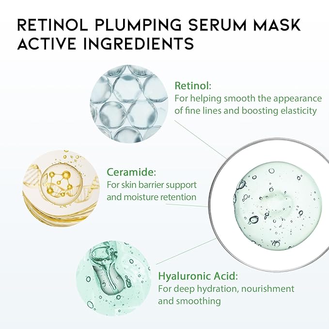 Rejuvenating Retinol Sheet Mask Korean Vegan Wrinkle Lifting, Plumping and Moisturizing Sheet Mask, Retinol, Ceramide, Hyaluronate 10EA