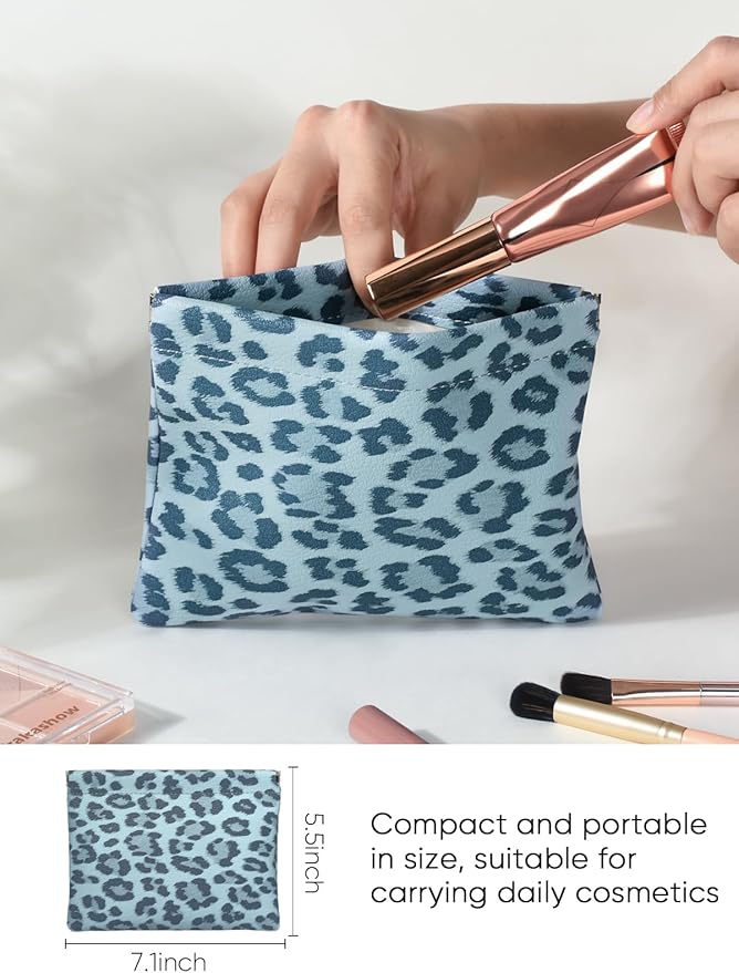 Leopard Leather Small Makeup Pouch for Women,Cosmetic Accessories,Waterproof and Portable Cosmetic Bag,Self-closing, No Zipper, Aesthetic Storage Pouch,Lipstick for Purse,Azure-blue