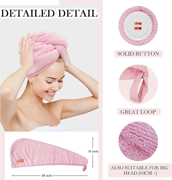 YoulerTex Microfiber Hair Towel Hairs Wrap: 2 Pack 10X26 Hair Dryer Towels for Women Absorbent Turban Twist Drying Shower Cap Curly Hairs Products for Hair's Care Accessories (Pink)