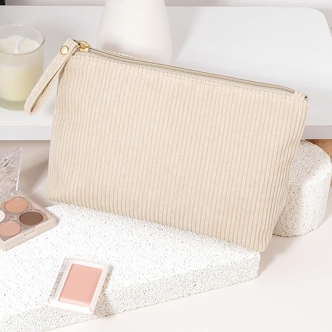 MAGEFY Small Makeup Bag, Corduroy Small Pouches for Purse Cosmetic Bag Makeup Pouches for Key Pocket Lipstick Bag Card Holder Data Cable Organizer(Beige,Small)