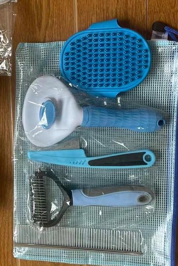 Loving PETS 6-in-1 Dog Grooming Kit - Self Cleaning Slicker Brush, Dematting Rake, Steel Comb, Flea Comb & Bath Brush - Professional Pet Grooming Set with Storage Bag for Dogs & Cats (Blue)