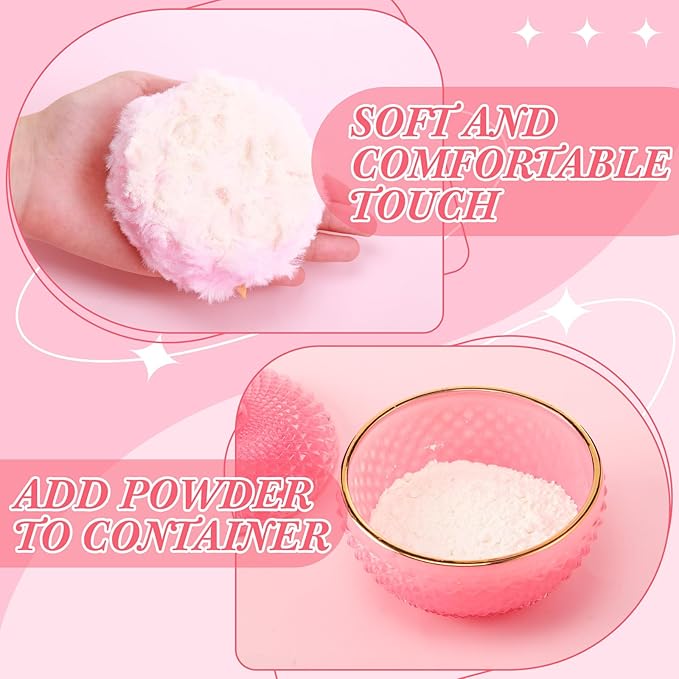 4 Pcs Pink Large Body Powder Puff and Container for Body with Crystal Container Fluffy Soft Washable Face Glitter Powder Puff Puffs for Wet Dry
