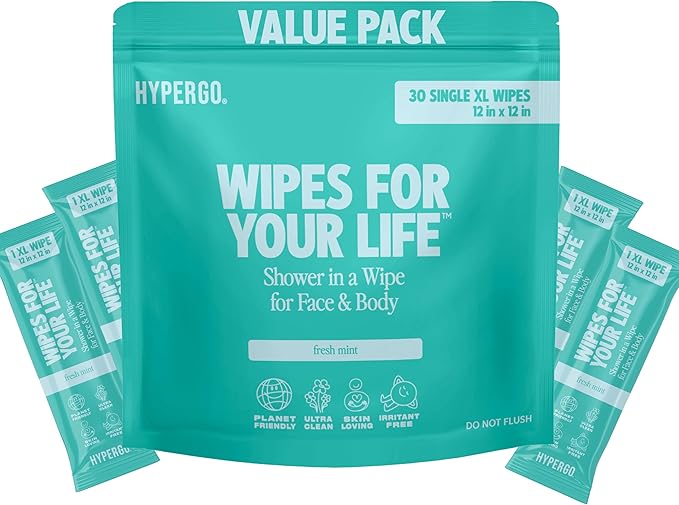 HyperGo XL Body Wipes for Women & Men – 12" x12" Rinse-Free Full Body Cleansing 30 Count Pack - Mint | Biodegradable, Hypoallergenic, Aloe-Infused | Gym, Festival, Camping Essentials