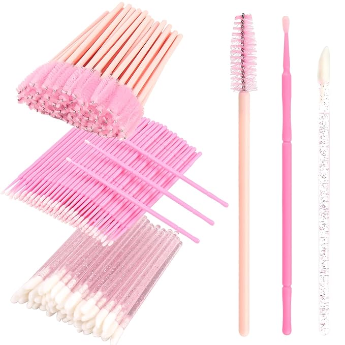 300 PCS Eyelash Extension Supplies Kit, Disposable Micro Swab Brush, Eyebrow Spoolie, Lip Brush, Mascara Wand Applicator (Light pink)