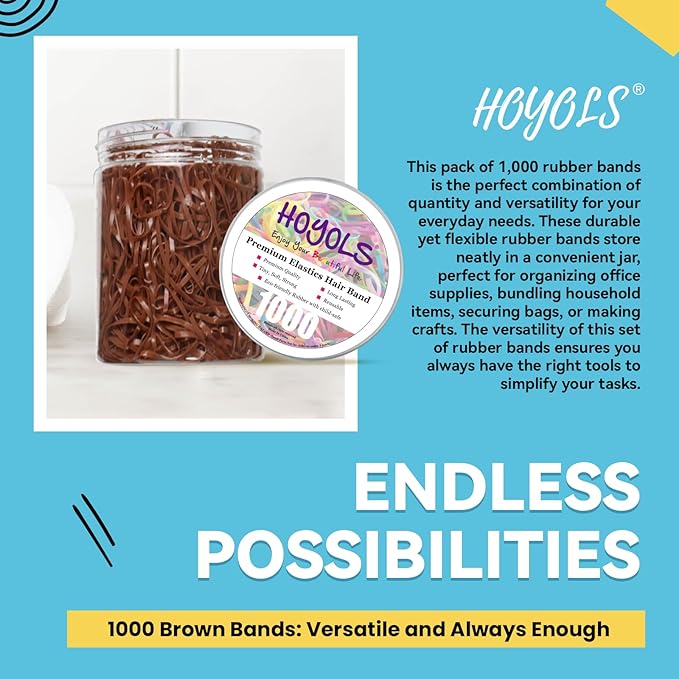Hoyols Strong Hair Elastic Rubber Bands Ponytail Polyband No Damage Ties for Hair Women Girl Reusable 1000 Piece Pack (Brown) TPR