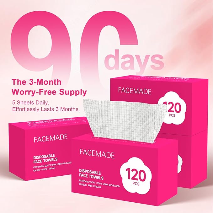 FACEMADE 480 Count (4 Packs) Disposable Face Towels, 100% USDA Biobased Face Towelettes Disposable, Ultra-Soft Facial Towels for Sensitive Skin, Perfect for Cleaning and Makeup Remover