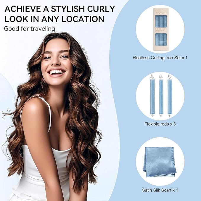 Heatless Curls Overnight Set - Jumbo Overnight Hair Curlers to Sleep In, Soft Velvet Hair Rollers for Women, No Damage Curls Styling Tools (4pcs Blue）