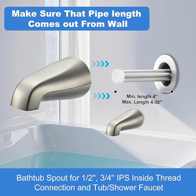Universal Bath Tub Spout with Adapter, Bathtub Faucet Spout Without Diverter, 5" Length Bathtub Spout for 1/2'', 3/4'' IPS Inside Thread Connection and Tub/Shower Faucet (Brushed Nickel)