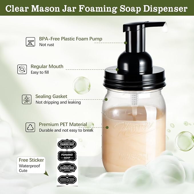 Amolliar Plastic Mason Jar Foaming Soap Dispenser with Pump Lid,16OZ Refillable Hand Soap Dispenser Set with Cute Lables - Farmhouse Decor for Kitchen/Bathroom, Lotion Liquid Dish Soap (2 Pack, Black)