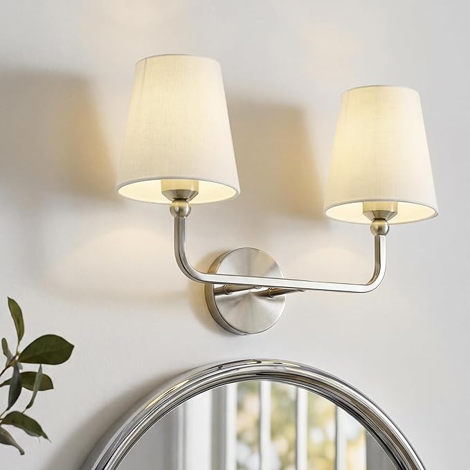 2-Light Bathroom Light Fixtures, Brushed Nickel Vanity Lights, Double Wall Sconce with Beige Fabric Shade, Modern Sconces Wall Lighting for Hallway Bedroom Stairway, VL837-BN-B-2