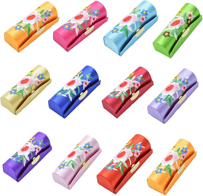 MIAO JIN 12-Pack Lipstick Case with Mirror Bulk, Small Lipstick Holder for Purse, Makeup Holder for Jewelry & Cosmetics, Storage Box, Cute Embroidery Design (Random Colors)