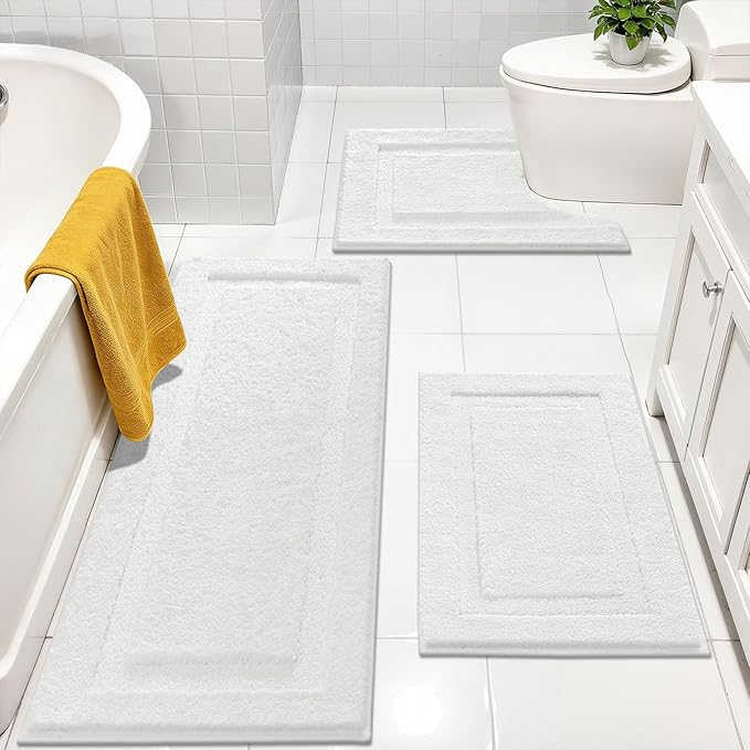 SHACOS White Bathroom Rugs Sets 3 Piece, 20"x32" + 20"x47" Non Slip Bath Mat and 20"x24" Toilet Rugs U Shaped Washable, Soft Fluffy Water Absorbent Bathroom Floor Mat