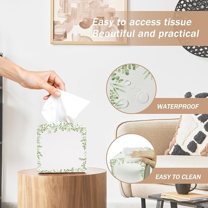 Greenery Tissue Box Cover Square with Bottom Belt, Leather Waterproof Tissue Holder Facial Paper Case Decorative for Tabletop Home Office Bathroom Car Decor -03