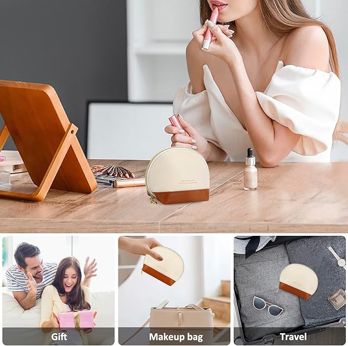 Small Makeup Bag Travel Cosmetic Bag Toiletry Zipper Pouch Make Up Organizer Bag with Handle Purse for Women Soft PU Leather Skincare Case (S01-Beige)