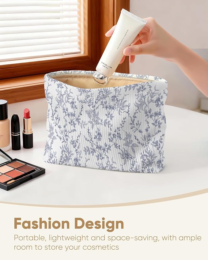 Elegant Blue Floral Makeup Pouch for Women Small Make Up Cute Flower Pattern Bag for Purse Zipper Initial Makeup Cosmetic Bags Pouches for Purse Aesthetic Travel Toiletry Bags