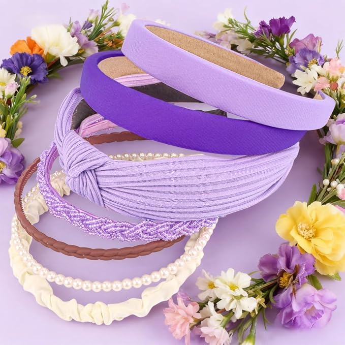 AHONEY 7 Pack Purple Headbands for Girls Women Headbands Non Slip Hairbands Lavender Hair Accessories Multi-style Rapunzel Headband Pack Diademas Para Mujer