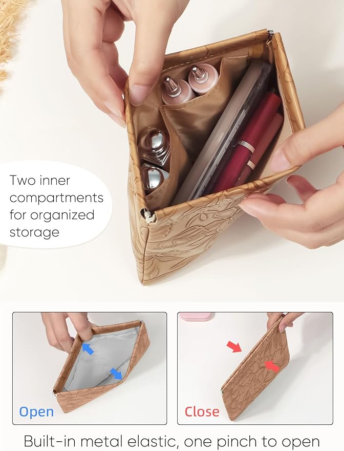 Brown Floral Leather Makeup Pouch Set for Women Small Make Up Bag for Purse Waterproof Initial Makeup Cosmetic Bags Pouches for Purse Aesthetic Travel Toiletry Bag