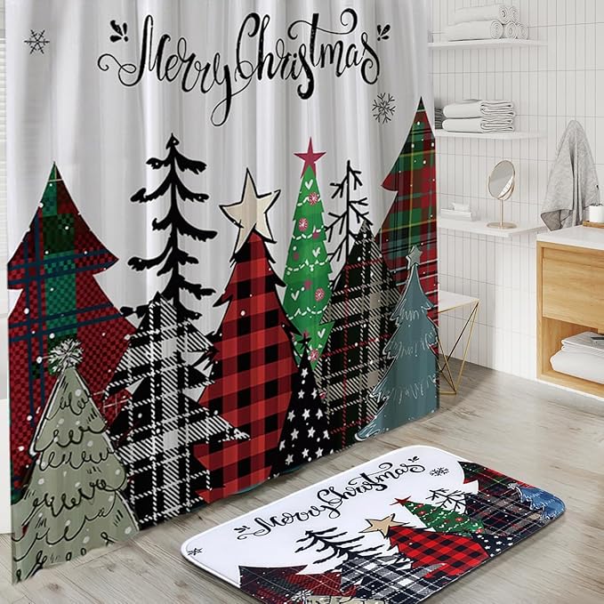 Clara Clark Bathroom Set - Christmas Bathroom Sets with Shower Curtain and Rugs, Xmas Bathroom Accessories Set, 22PC Christmas Shower Curtain Set with Liner, Soap Dispenser, Toilet Brush, & Trash Can
