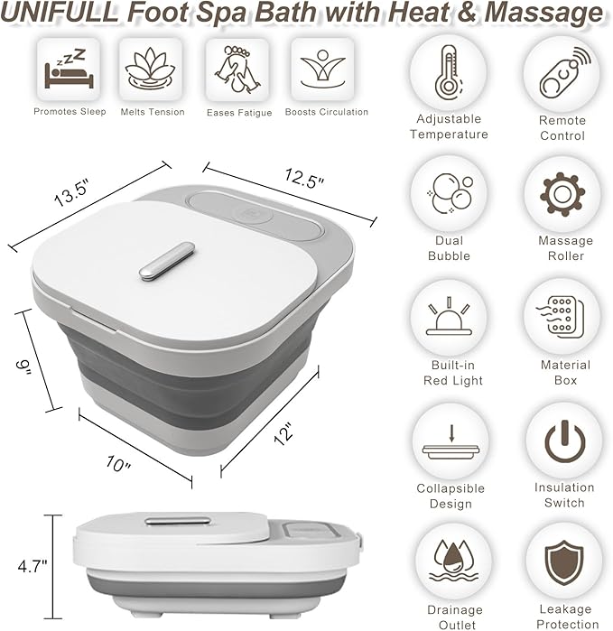 Collapsible Foot Spa Bath with Heat and Massage Rollers, Bubble, Foot Pedicure Kit, Temperature Control, Red Light, Pedicure Foot Spa, Foot Bath