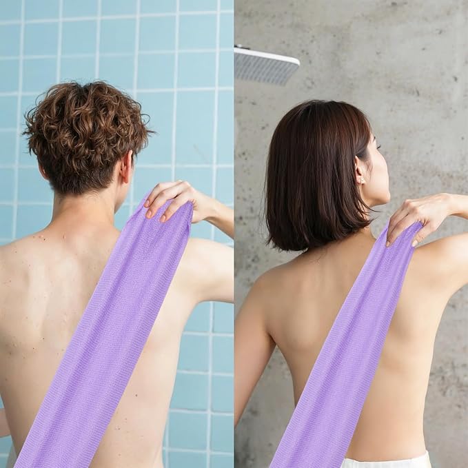 4PCS Exfoliating Back Scrubber with Handles, Nylon Double-Sided Exfoliator Extended Length Stretchable Body Exfoliating Washcloth Pull Strap Back Washer for Women Men(B)
