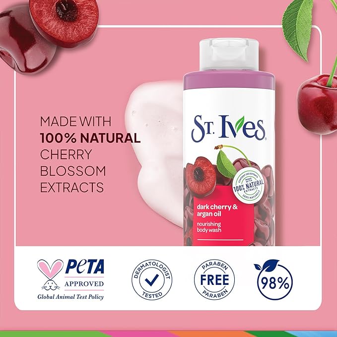 St. Ives Body Wash, Dark Cherry & Argan Oil Nourishing Shower Gel 2-Pack, 100% Natural Extracts, Cruelty-Free, 22 Oz Ea