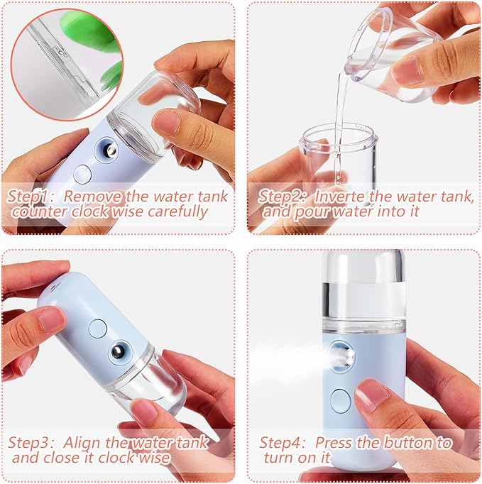 Mudder 4 Pcs Nano Facial Mister Handy Nano Mist Sprayer 30ml Visual Water Tank Portable Face Steamer Mini USB Mister for Lash Extensions, Skin Care, Makeup(Black, Blue, Light Pink, Pink)