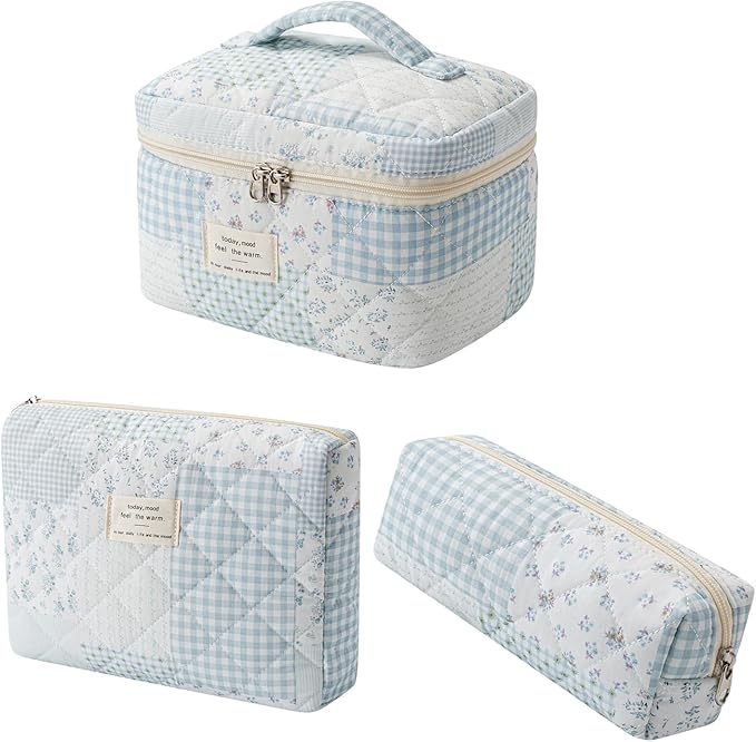 uekeboag 3Pcs Quilted Cotton Makeup Bag,Coquette Quilted Toiletry Bag for Women and Girls,Floral Coquette Pouch,Cute Kawaii Travel Cosmetic Bags(3Pcs Bluepatchwork)