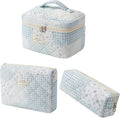 uekeboag 3Pcs Quilted Cotton Makeup Bag,Coquette Quilted Toiletry Bag for Women and Girls,Floral Coquette Pouch,Cute Kawaii Travel Cosmetic Bags(3Pcs Bluepatchwork)