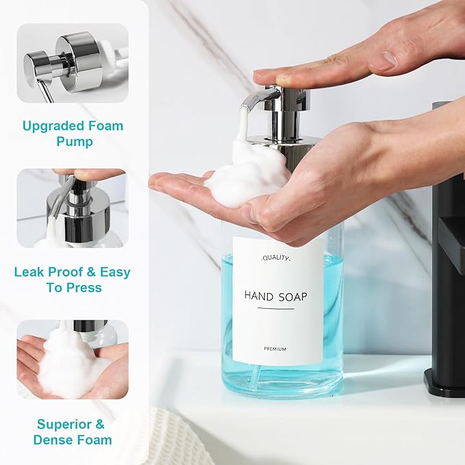 Foaming Soap Dispenser, 14.1 oz/400ml Foaming Hand Soap Dispenser, 2 Pack Glass Foaming Dispenser for Bathroom & Kitchen, Clear Refillable Liquid Dispenser Bottle with Waterproof Labels