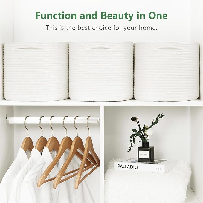 Cotton Rope Storage Basket, 15x10x9 Inches, Woven Basket for Shelves, Clothes, Towels, Books, and Laundry, White (2 Pack)